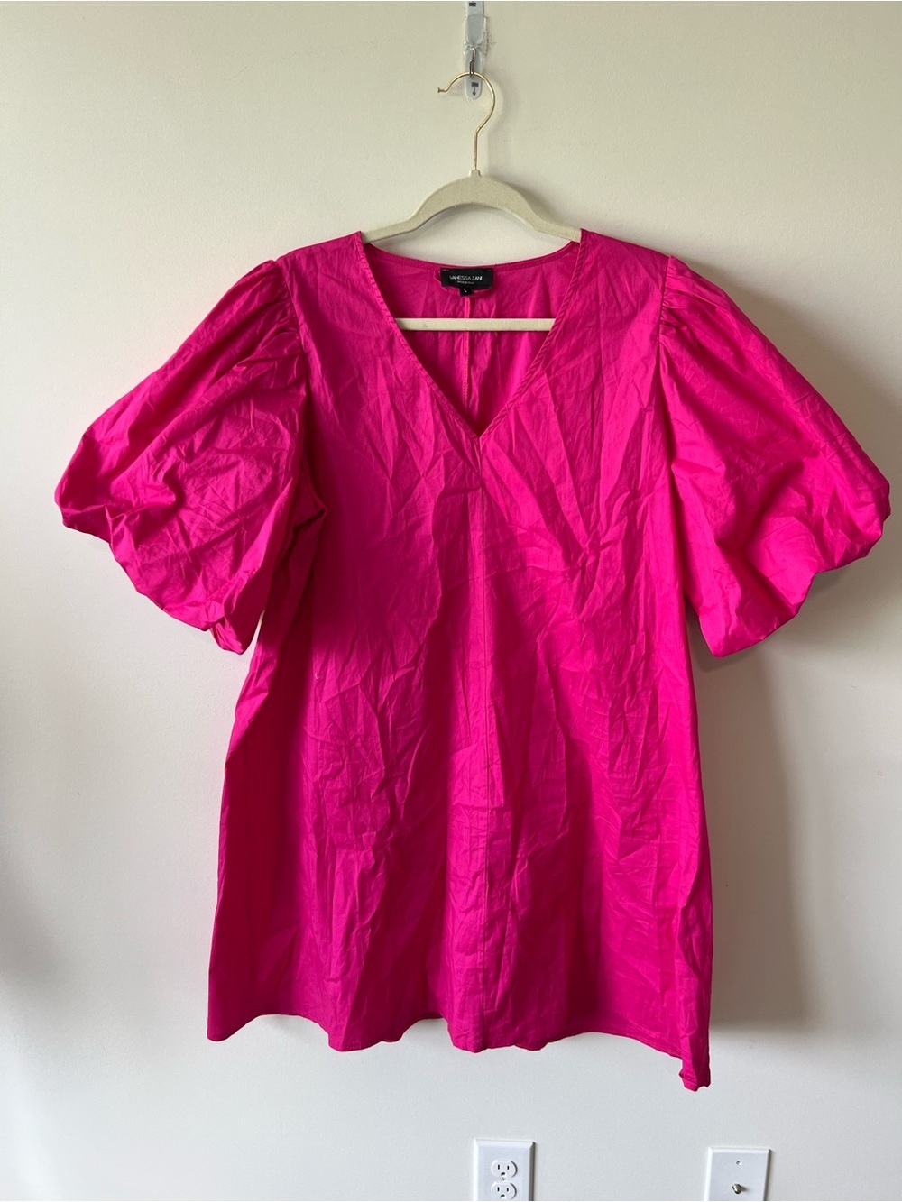 Vanessa Zani Vibrant Pink Puff-Sleeve Vneck Mini Dress 98% Cotton Made in Italy